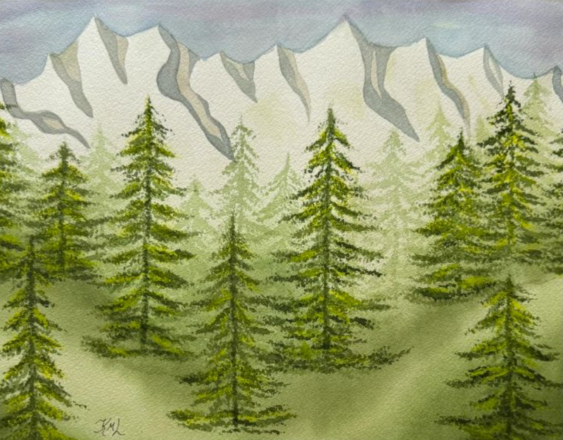 PAINTING WATERCOLOR 11X14 DOUBLE MAT 16X20 MOUNTAINS SNOW TREES MISTY LANDSCAPE