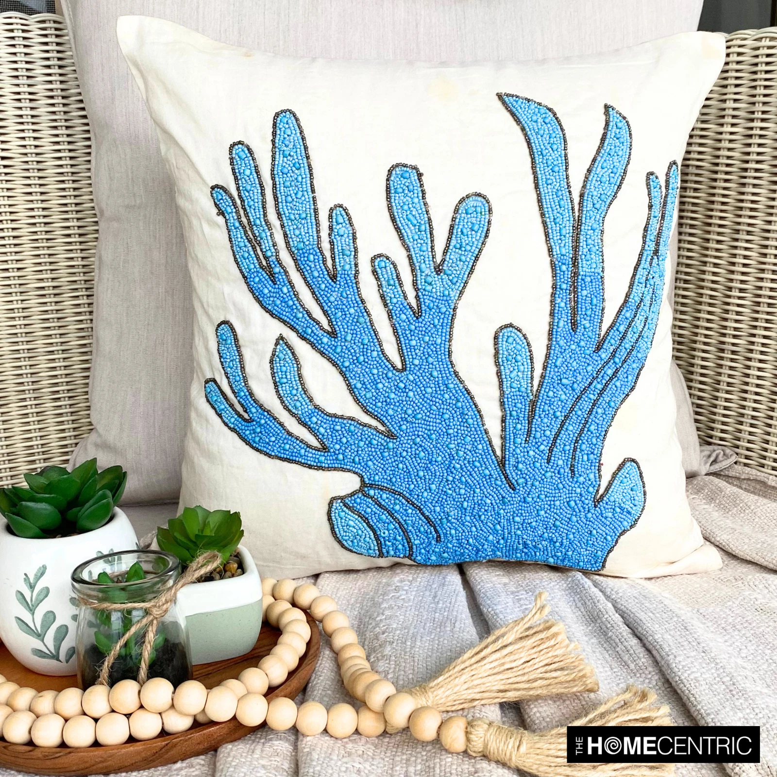 Cushion Case Blue 16"x16", Bed Decor Cotton Coral Beaded - Coral Treasure
Opens in a new window or t