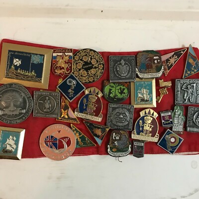 Vintage Collection of 28 FOREIGN SPORTS PINS on Red Cloth Shooting Boating Horse