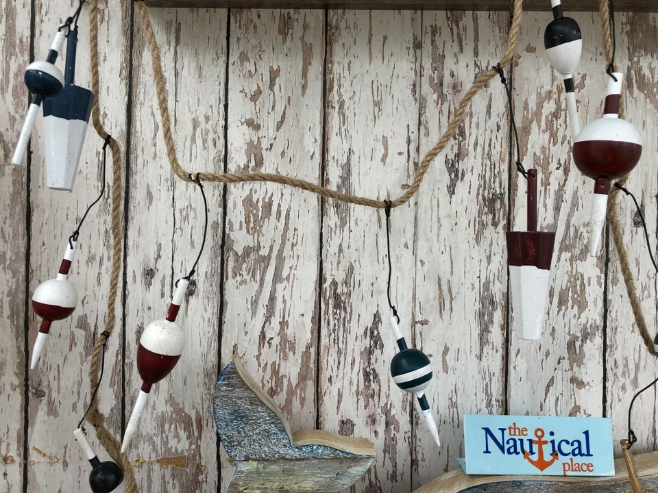 Bobber de pesca de madera de 9' flotadores en cuerda - Guirnalda de red de pesca de boya - Decoración náutica Foto 4 de 4