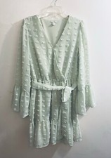 C Est 1946 Dress Sz M Green Swiss Dot Bell Sleeve Faux Wrap Romantic Ruffle Hem