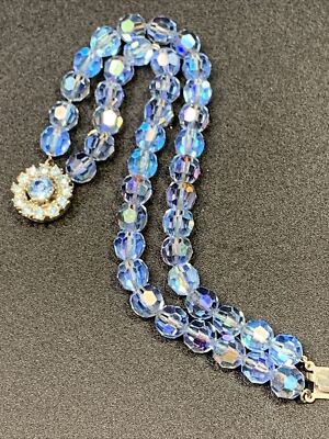 c.1950s Blue Wedding  Aurora Borealis 2 Strand fancy Rhinestone Bracelet 7 3/4 