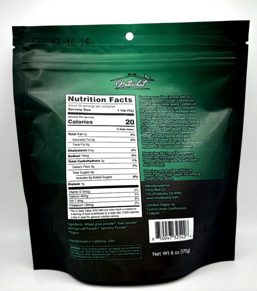 Nutrihut Organic Supergreens Powder Detox Nutrientrich blend of kale