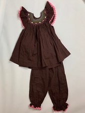 Remember Nguyen Brown Pink French Knot Rose Smocked Dress Pants Set 4