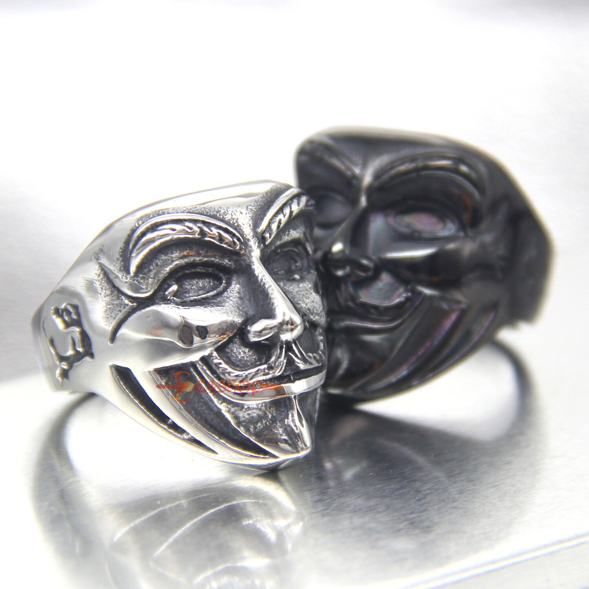Men's Guy Fawkes V Mask Stainless Steel Ring For Halloween