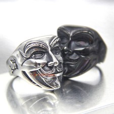 Men's Guy Fawkes V Mask Stainless Steel Ring For Halloween Vendetta Silver/Black