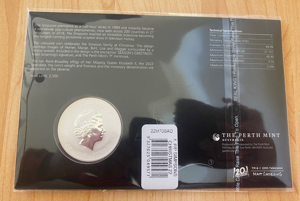 Simpsons Weihnachtsgrüße 1 Unze Silbermünze 2022 - Color Im Blister, Limitiert 2.500 Stück