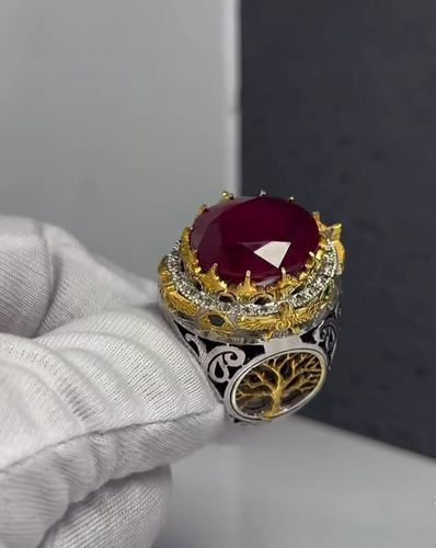 Natural Ruby Mens Stone Ring Heavy Yakoot Ring Tree Gold Sterling Silver In 925 - Picture 3 of 6