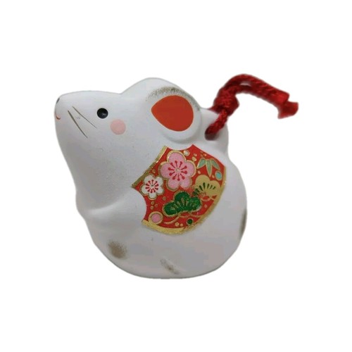 Japanese ETO Zodiac White Clay Rat Mouse Bell Ornament Charm Figure 2.25"
