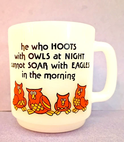 Vintage 1981 Owls Glasbake Milk Glass Coffee Mug  C.M. Paula Co.