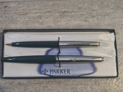 Vtg PARKER USA Fountain Pen Mechanical Pencil Set Green