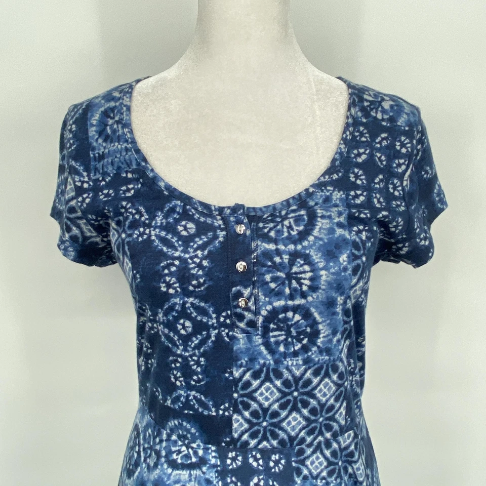 Vestido Chaps Mujer Pequeño Azul Tie Dye Patchwork Cuello Redondo Henley Midi Boho Foto 2 de 4