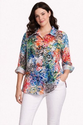 Ali Miles Shirt Top Women OX Button Up Stretch Colorful Geometric Print NEW