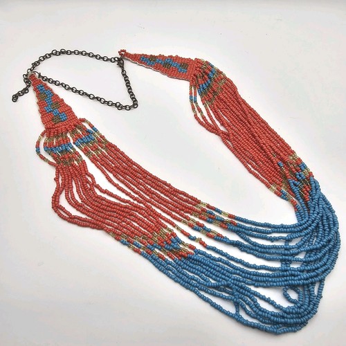 VTG Native American Style Seed Bead Multi Strand Bib Necklace Red Blue