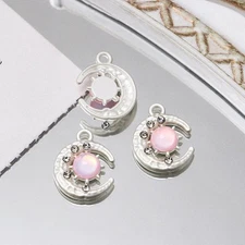 4PCS Silver Tone Alloy Pink Rhinestone Crescent Moon Pendant 15X19mm GJS231