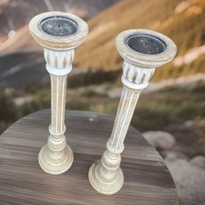 Pair  Of White Washed Wooden Pillar Candle Holders 25” tall decorated 