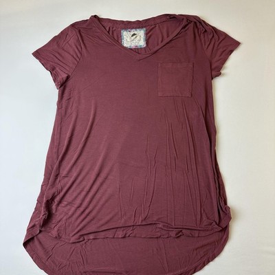Cupio Blush Shirt Womens Large Burgundy V Neck Short Sleeve Tunic High Low Soft