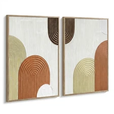 Set of 2 Framed 3D Textured Neutral Wall Art – Beige & Brown Geometric Canvas...