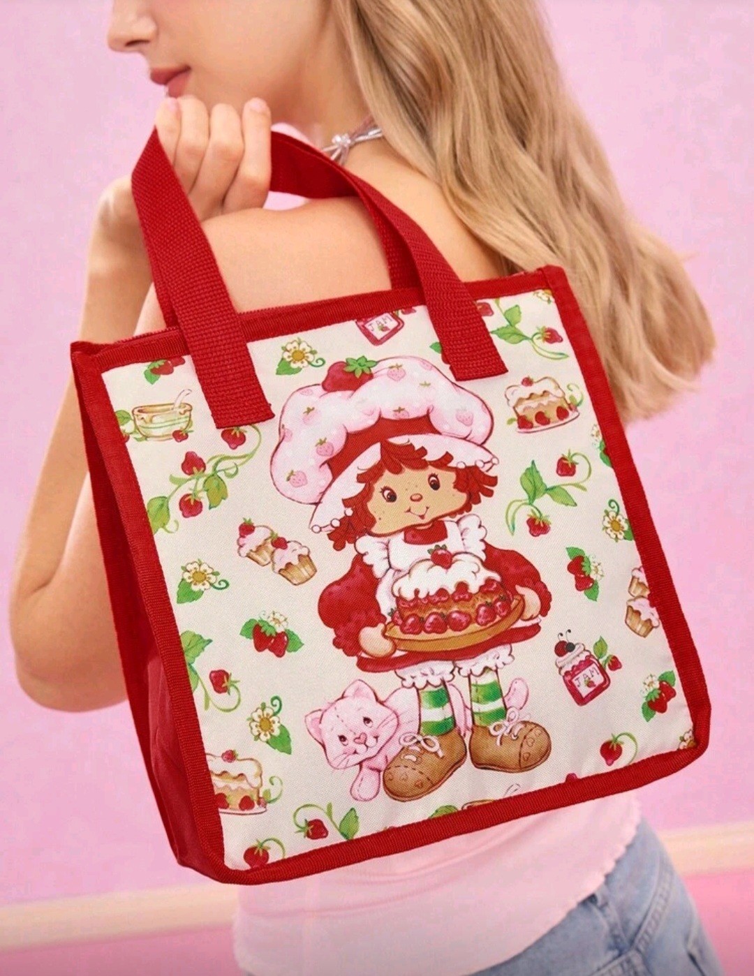 Strawberry Shortcake Tote Bag Pink Plastic Large NWT Reusable Grocery Beach