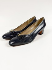 Authentic Salvatore Ferragamo Navy Blue Leather Pumps With Logo Bows 9 C