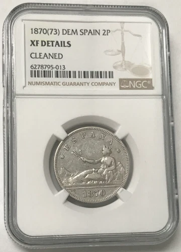 1870(73) DEM Spain 2P 10g .835 Silver 2 Pesetas - NGC XF Details Cleaned