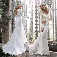 White 3D Flower Lace Mermaid Backless Wedding Dresses V Neck Applique BridalGown