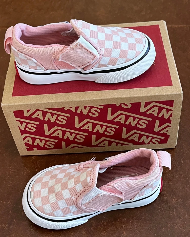 Zapatillas sin cordones Vans rosa a cuadros para niñas pequeñas talla 4 zapatos Foto 2 de 4