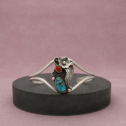 navajo sterling silver vintage turquoise & coral cuff bracelet size 6in ...