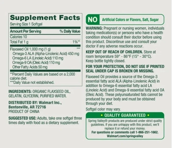 Suplemento dietético de cápsulas blandas de aceite de linaza Spring Valley 1000 mg 100 unidades Foto 2 de 3