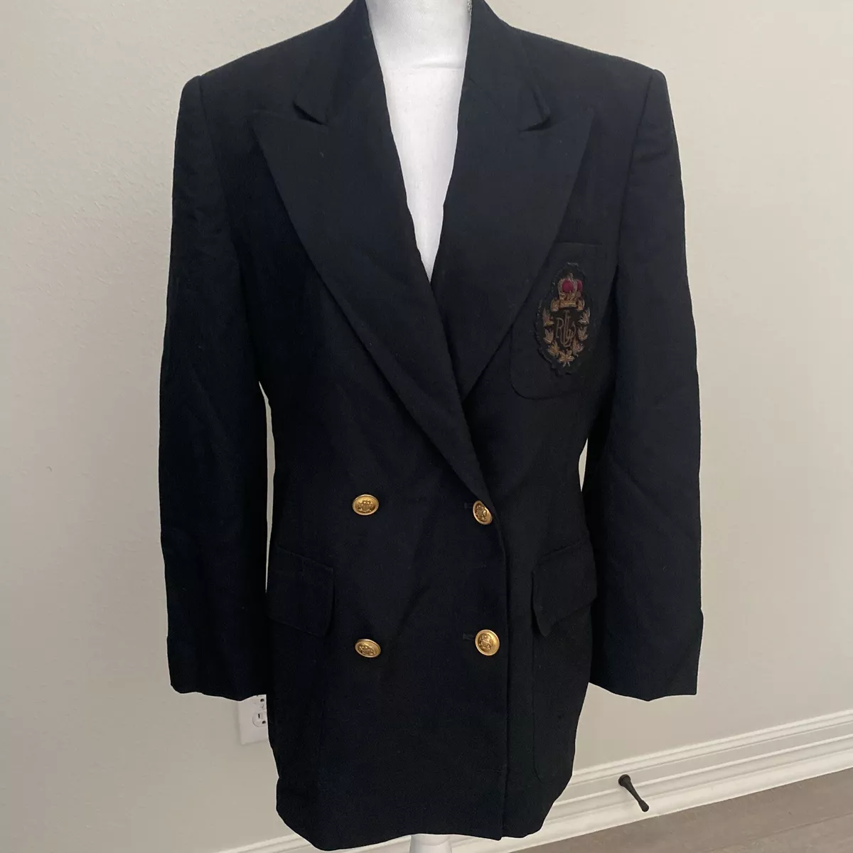 Vtg Lauren Ralph Lauren Black Wool Double Breasted Blazer Crown