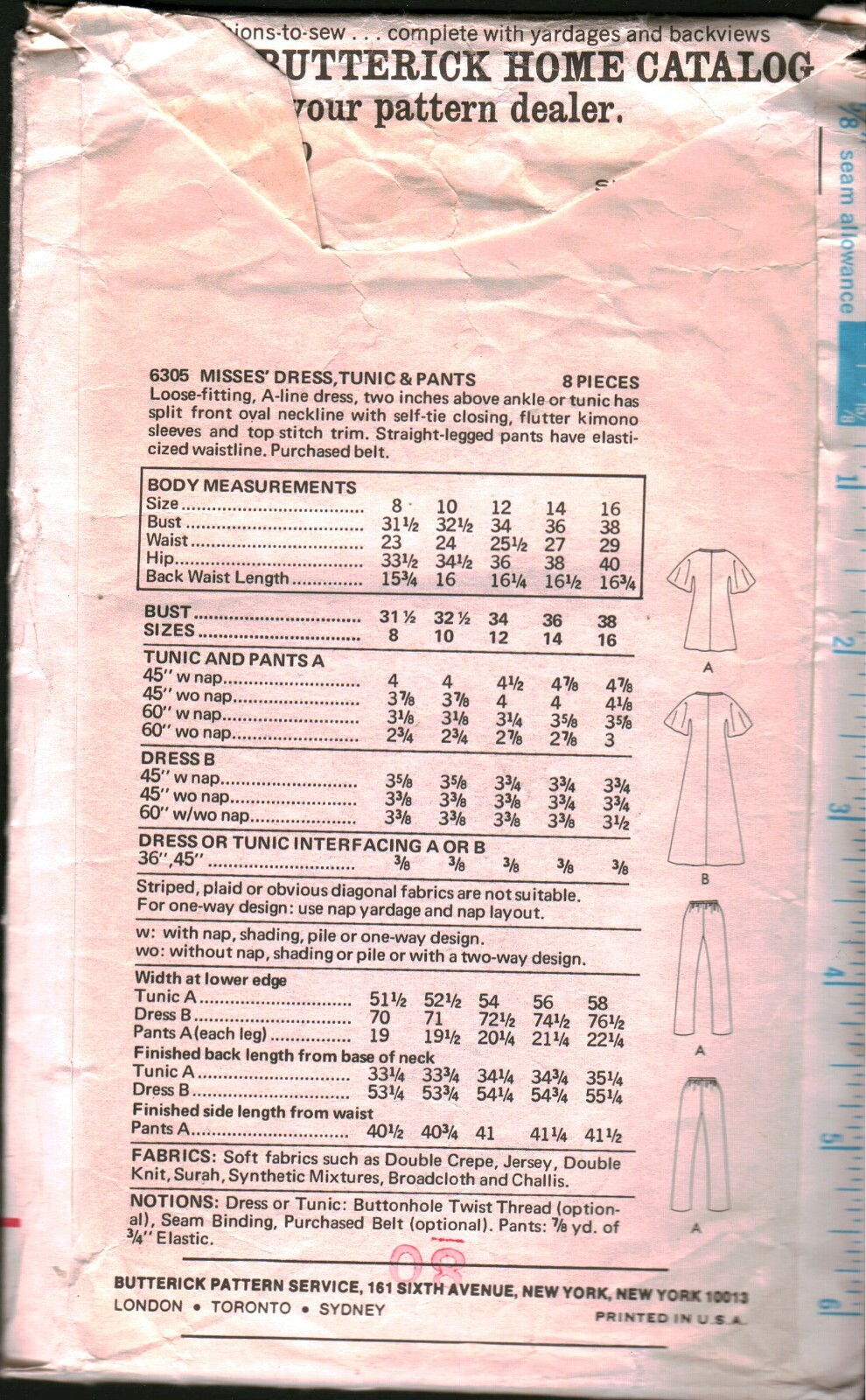 6305 Vintage Butterick SEWING Pattern Misses Loose Fitting Dress Tunic ...