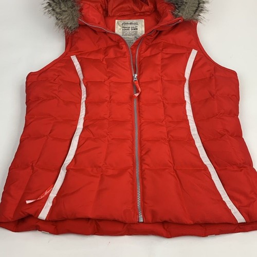 Eddie Bauer Goose Down Faux Fur Quilted puffer Vest Large Red White Hooded New - Picture 3 of 15