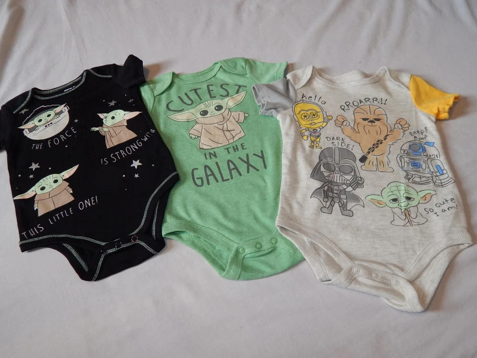3 pc Star Wars Bodysuit Set Boys Size 12 & 18 Months Baby Yoda Darth R2D2 c3po - Image 2 of 4