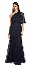 Adrianna Papell Midnight/Black Beaded One Shoulder Formal Dress 10  349