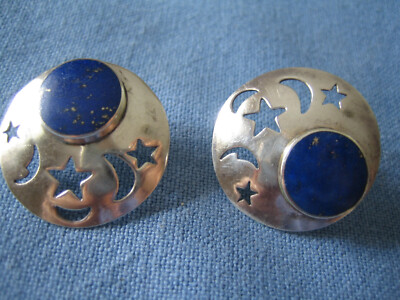 Large Sterling silver, Lapis, moon n stars cutout, pierced, over 1'' marked ROMA