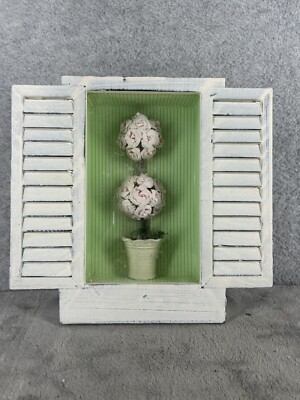 3D Shadow Box White Flowers In Pot White Wood Frame With Wood Shutter 10'' Tall