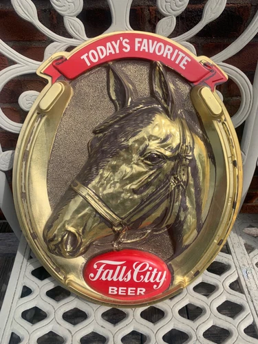 VINTAGE HORSE FALLS CITY BEER PLASTIC SIGN 14" X 18"   1973