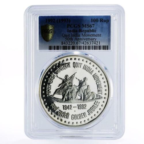India 100 rupees 50th Anniversary of Quit Movement MS67 PCGS silver coin 1992 - Picture 1 of 2