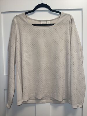 Chico's Sheer Sleeve Ivory W/ Gold Sparkles Scoop Neck L/S Blouse Size 2 (L)