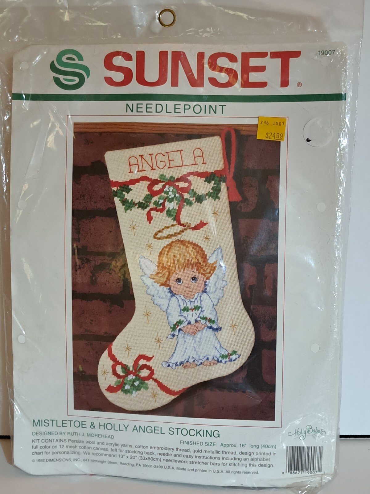 Sunset Needlepoint Christmas Stocking Kit MISTLETOE & HOLLY ANGEL