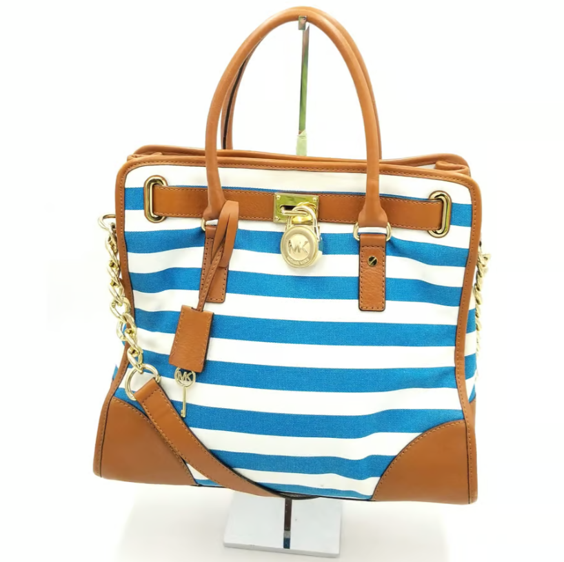 Michael Kors Large Hamilton Blue & White Stripe Canvas Tote w/ Pad 