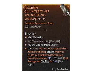 Diablo 4 S7 Archon Gauntlets Of Splintering Shards 2GA 28% Legendary Gloves Gear