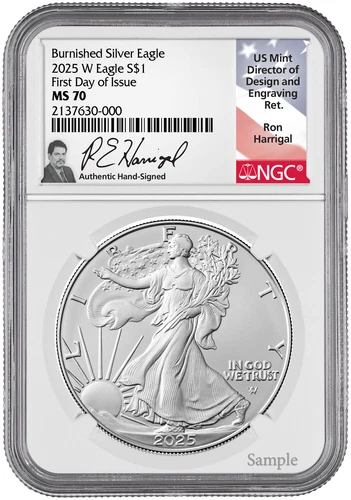2025 W Burnished Silver Eagle FDI NGC MS70 Harrigal Signed
