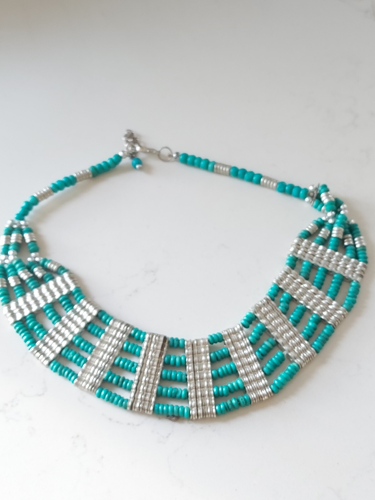 Statement Cleopatra Style Necklace Silvertone & T… - image 5