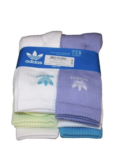 GIRLS YOUTH ADIDAS SOCKS 6 PAIR CREW QUARTER PURPLE BLUE WHITE L LG 3Y-9 NWT - Picture 2 of 2