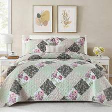 Floral Plaid Patchwork Quilt Set King Size, Reversible Green Bedding Set Soft Mi