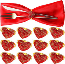Red Heart Shaped Napkin Rings Set of 12 Valentine's Day Rhinestone Glitter Me...