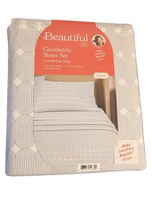 Beautiful Cornflower Blue Geo 4 Piece Cotton Percale Queen Sheet Set