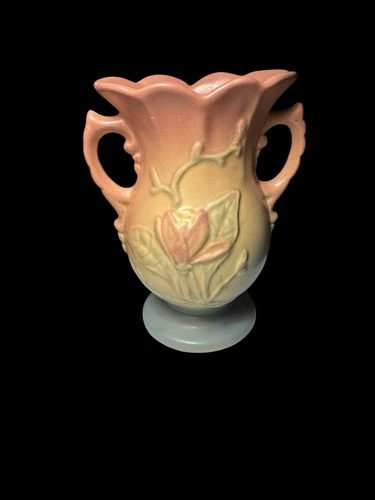 Vintage Hull Art Pottery Floral Vase Pink Matte Double Handle Faded Mark