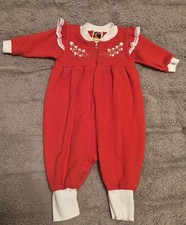 vintage Carters Red Long Sleeve Baby Jumpsuit with Embroidery and Lace Trim